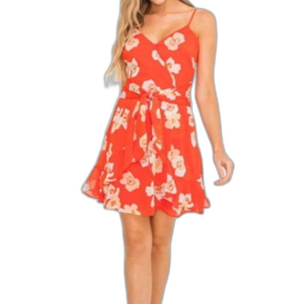 All In Favor Women's Orange Floral Chiffon Faux Wrap Sleeveless Mini Dress Sz S